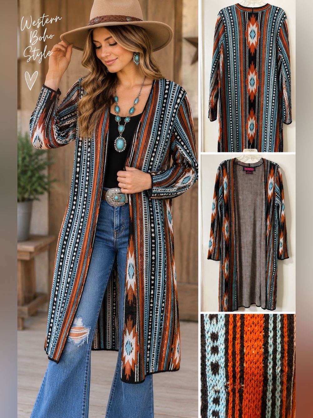 Rock & Roll Southwestern Aztec Long Duster Cardigan Turquoise Rust